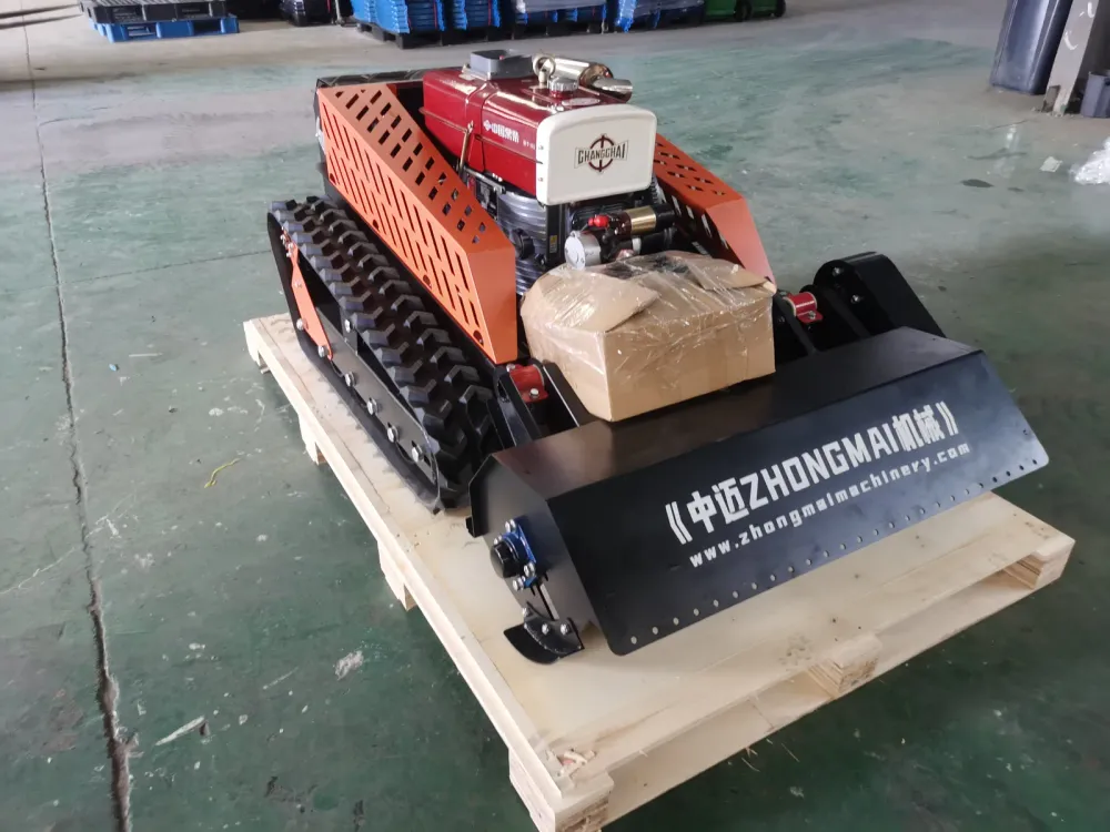 Tracked remote control flail mower on its export pallet, flail head and ZHONGMAI deck plate facing the camera
