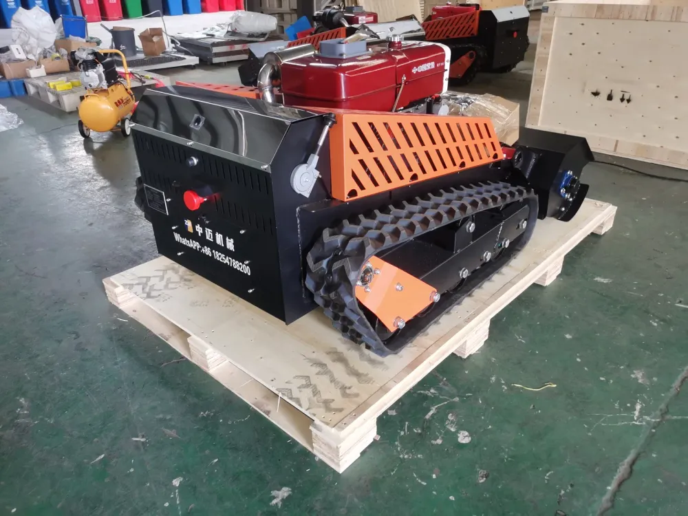 Complete remote control mower with flail head attached, standing on a wooden pallet before wrapping