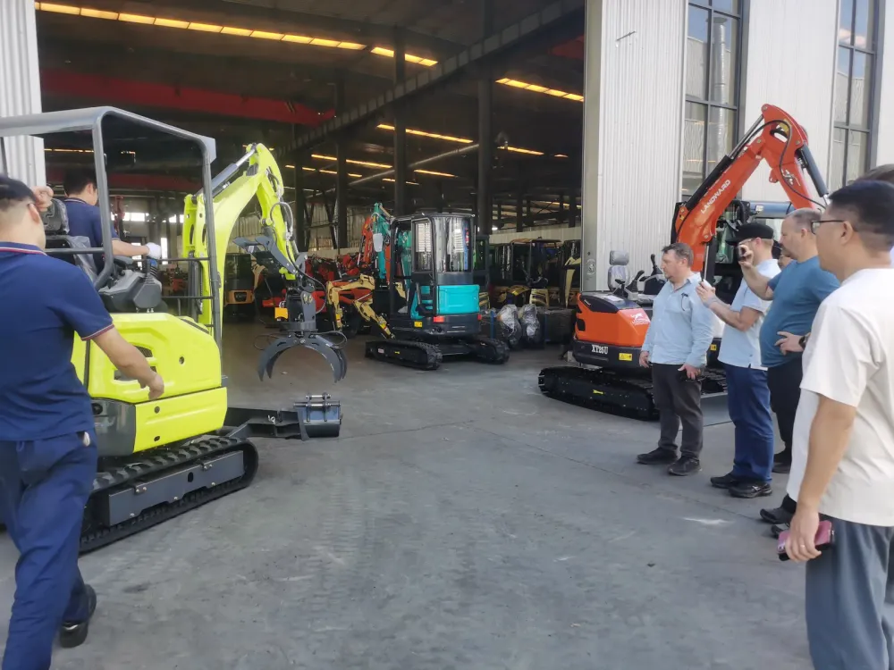 New Zealand buyer and factory staff walking the assembly floor past mini excavators at a china mini excavator factory