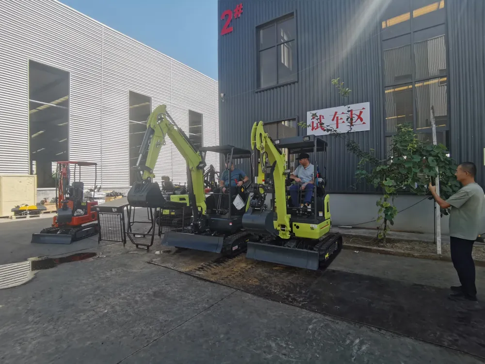 Two canopy mini excavators in the marked factory test area during the New Zealand buyer visit